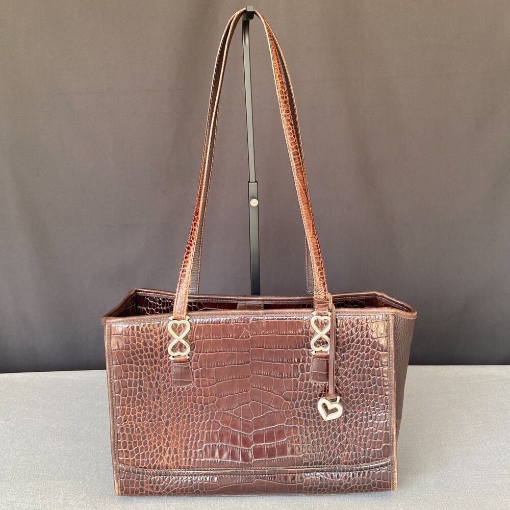 Brighton Brown Croc Embossed Leather Tote Shoulder Bag Heart Charm A459979